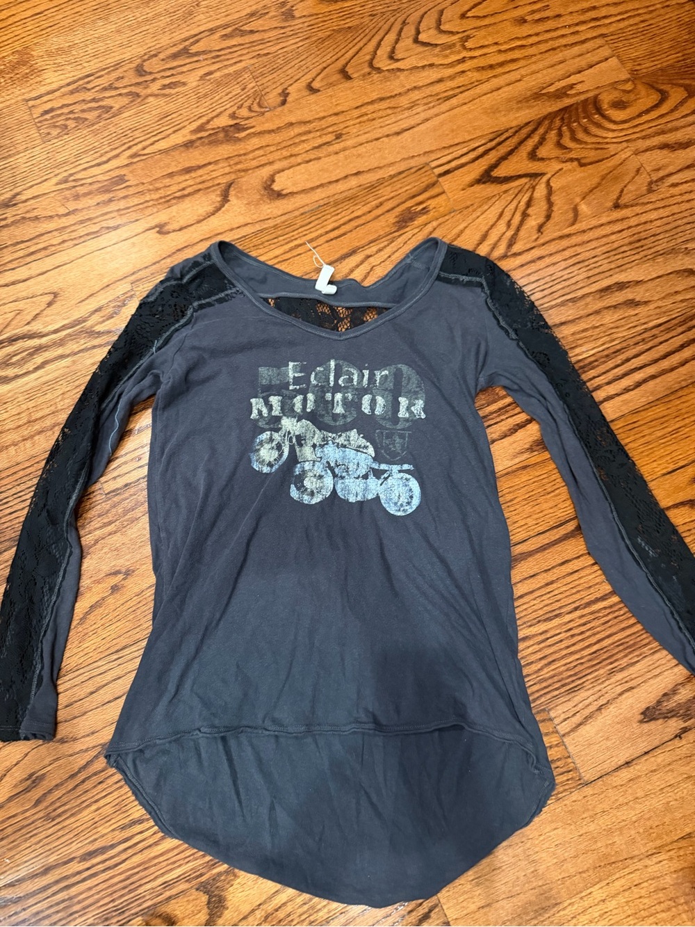 Free People-We the Free Black Long-Sleeve Lace Accent Graphic Top